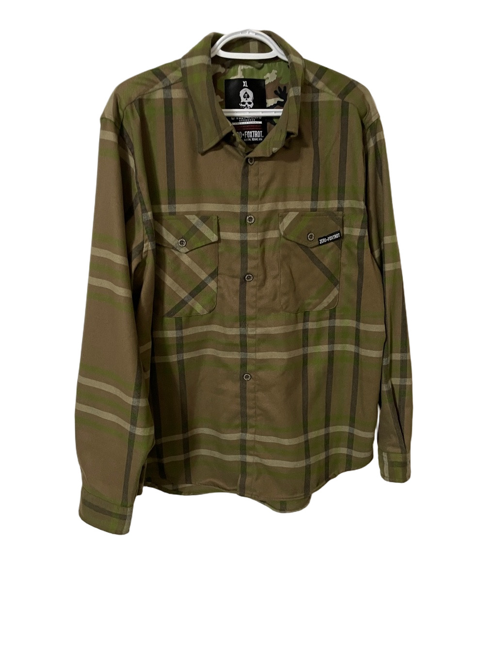 Zero Foxtrot Green/Tan Plaid Long-Sleeve Button-Up Shirt Size XL